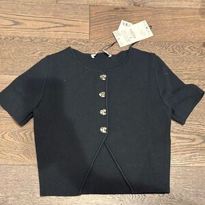Zara Black Short-Sleeve Knit Top with Gold Buttons